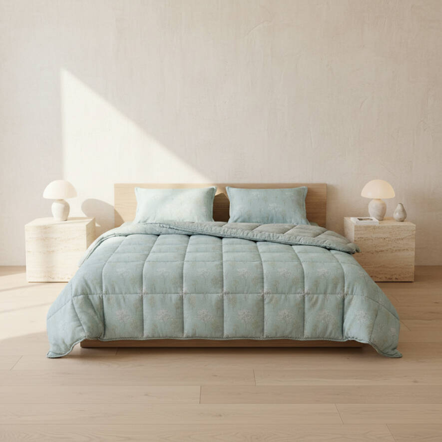 Çift Kişilik Çift Taraflı Welsoft Comforter Yorgan Seti Yeşil 195x215 cm - Dormio Soft Bloom Serisi - Othello