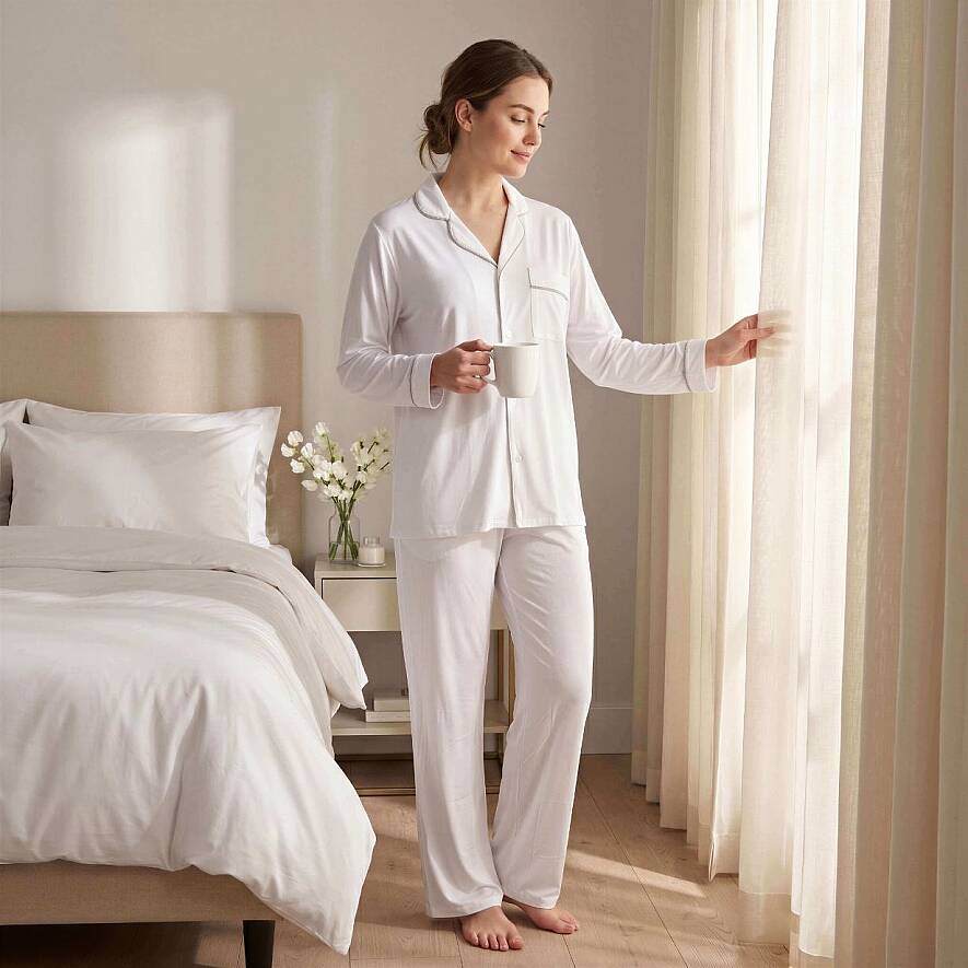 Cooling Jersey Kadın Gömlek Pijama Takımı - S/M - Beyaz - 