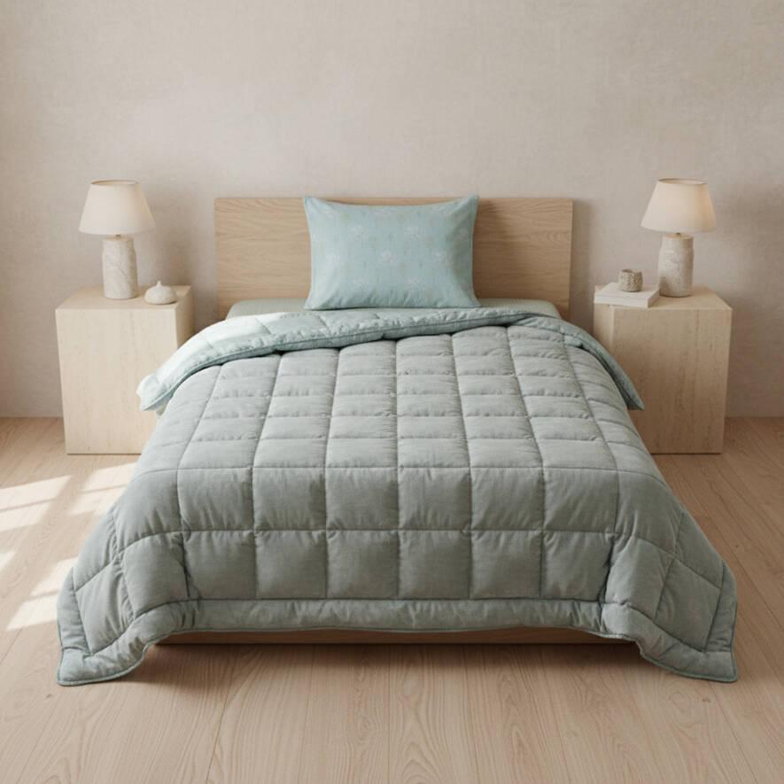 Tek Kişilik Çift Taraflı Welsoft Comforter Yorgan Seti Yeşil 155x215 cm - Dormio Soft Bloom Serisi - 
